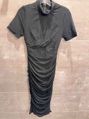 Black Ruched Short-Sleeve Midi Dress